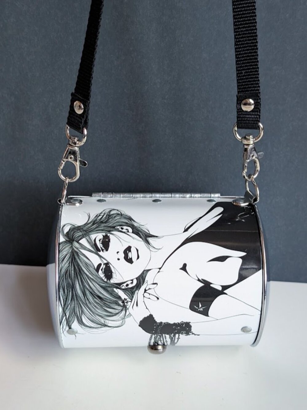 Little Earth Barrel Purse Black & White Graphic Art 2009 Upcycled Metal Purse